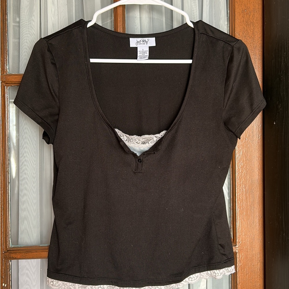 Just One You by Carter's Black Short Sleeve Scoop Neck Tee with Lace Trim